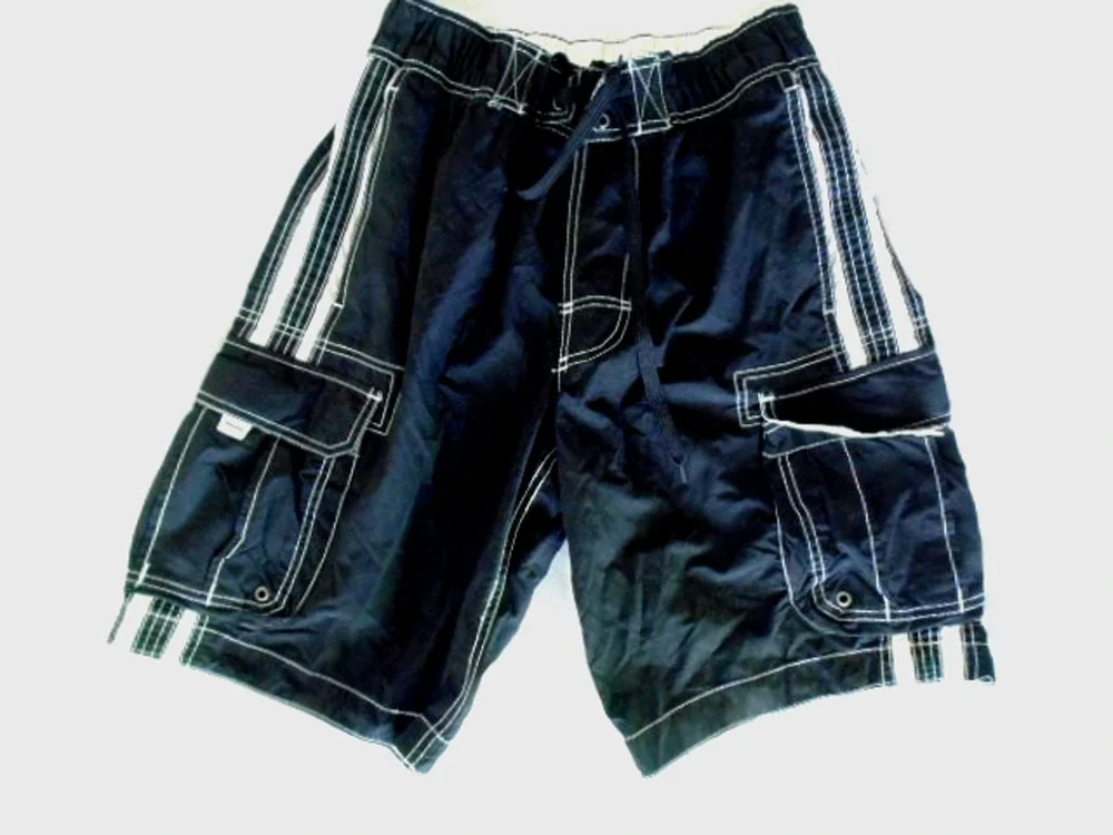 Vtg 80s Arizona Men's Medium Swim Trunk Classic Cargo Style Crisp Black White